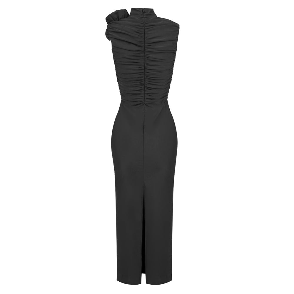 AIIZIE ADORA FLOWER EMBELLISHED RUCHED MIDI DRESS IN BLACK - product image