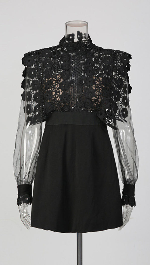 AIIZIE Jorden Black Lace Mock Neck Mini Dress with Sheer Sleeves - product image