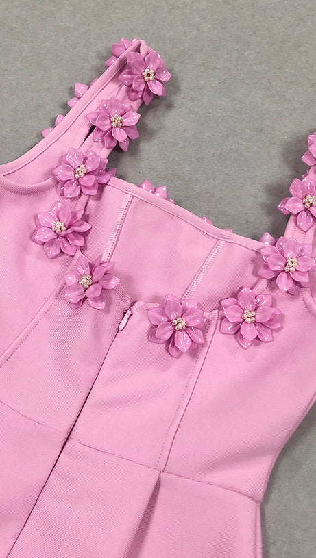 MINI ABITO ROSA CON COLLO A FIORI 3D