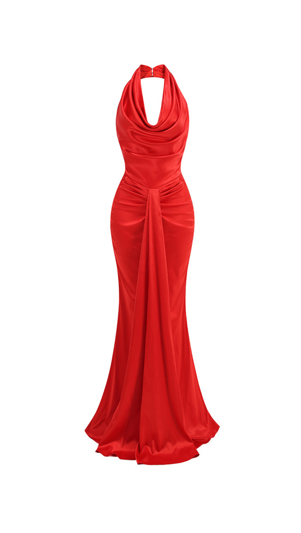 AIIZIE HALTER PLEATS SATIN MAXI DRESS IN RED - product image