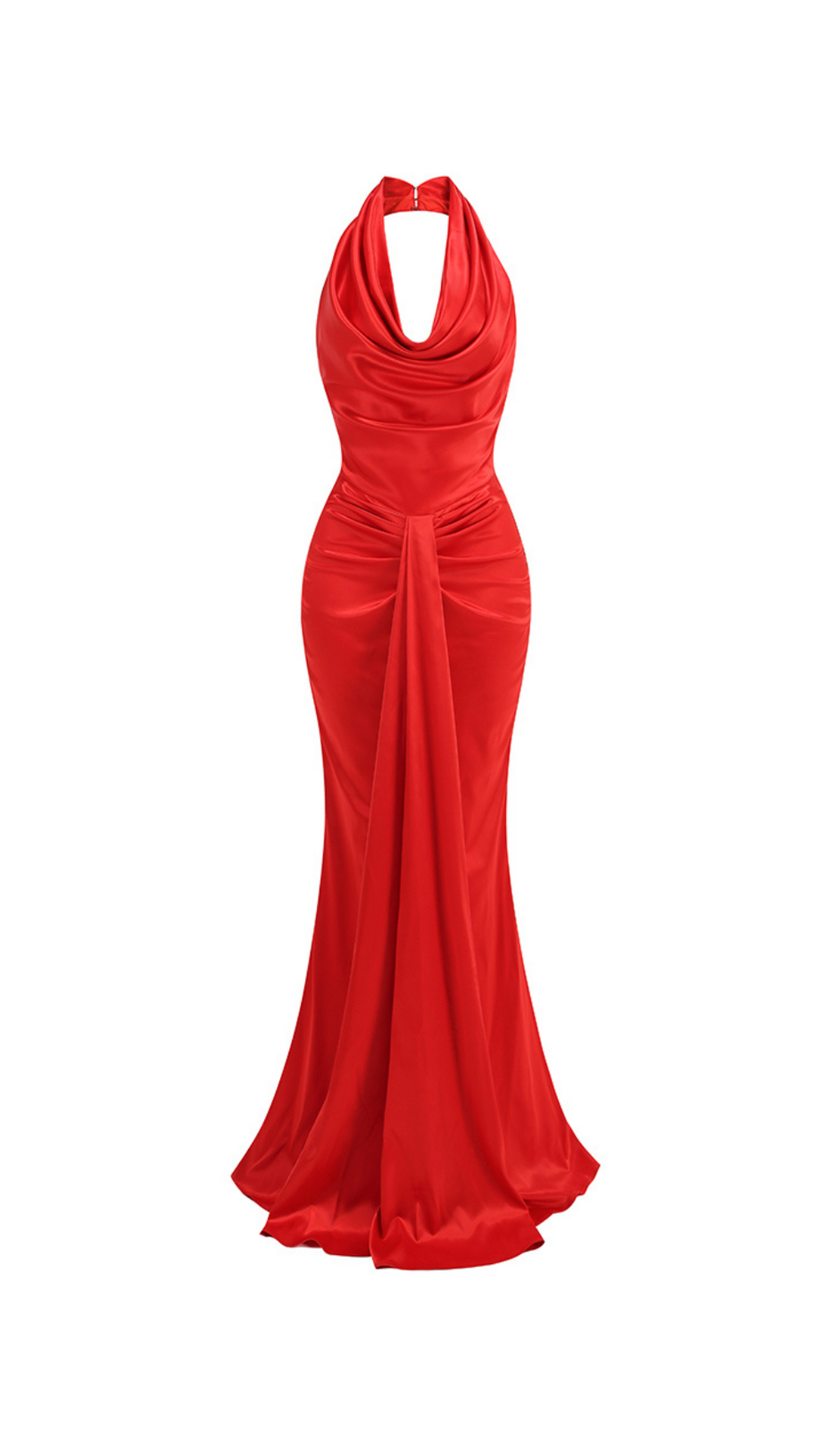 HALTER PLEATS SATIN MAXI DRESS IN RED