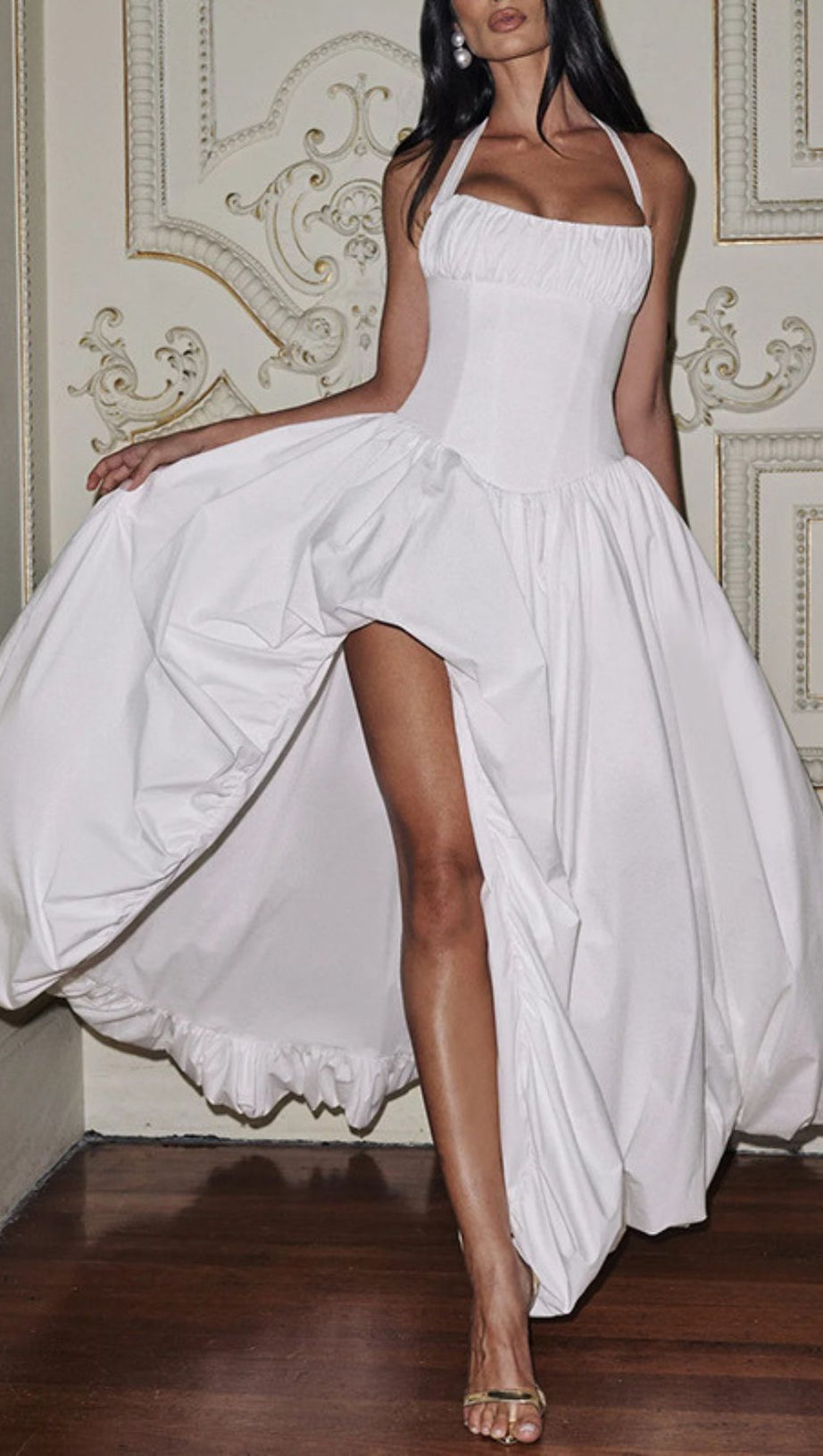 Judas Halter Maxi Dress: Elegant Blush Pink Gown with High Slit & Sculptural Volume