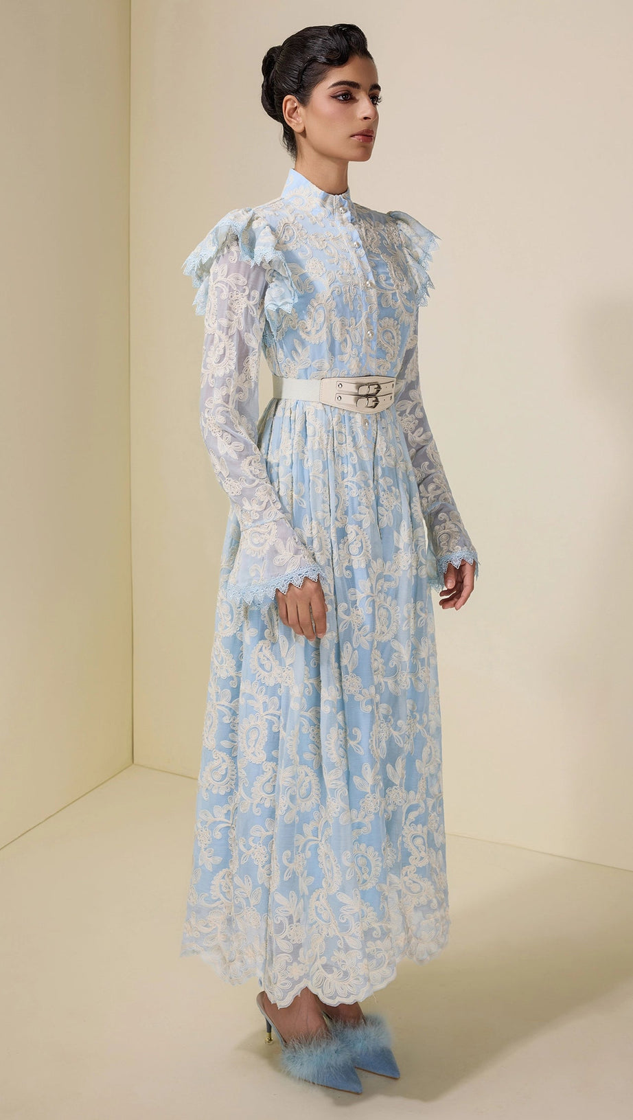 alma Chiffon Embroidered Single Breasted Midi Dress With Belt - blue