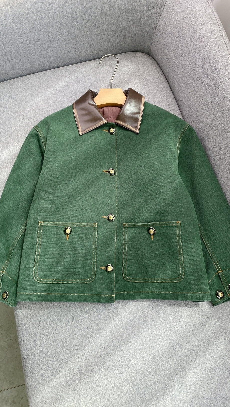 Women's Chic Green Workwear Jacket with Contrast Leather Collar