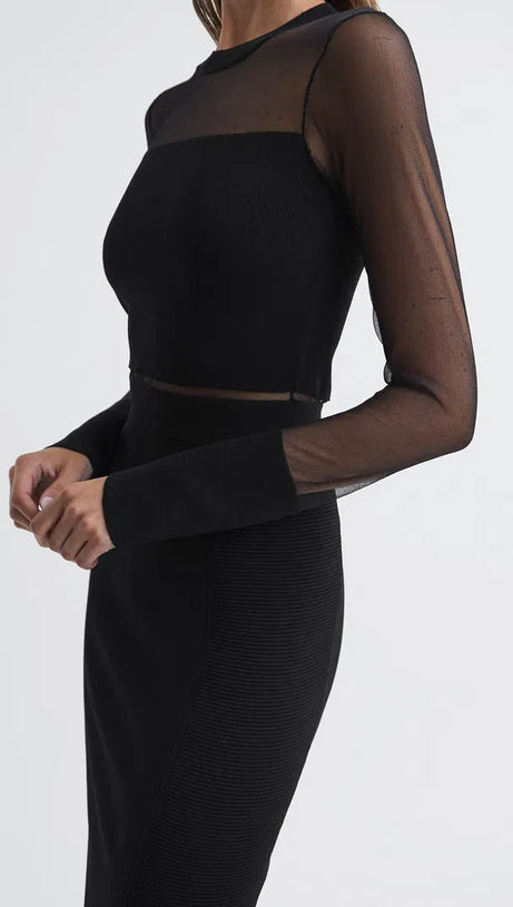 LYLA KNITTED SHEER SLEEVE MIDI DRESS IN BLACK