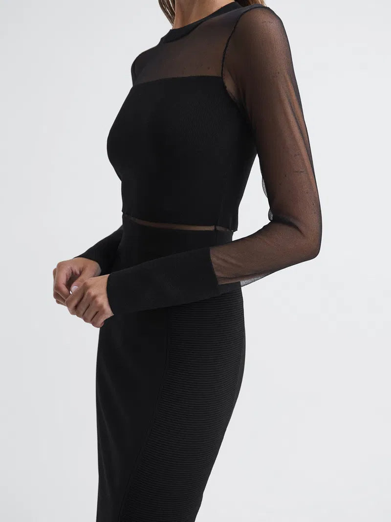 AIIZIE LYLA KNITTED SHEER SLEEVE MIDI DRESS IN BLACK - product image