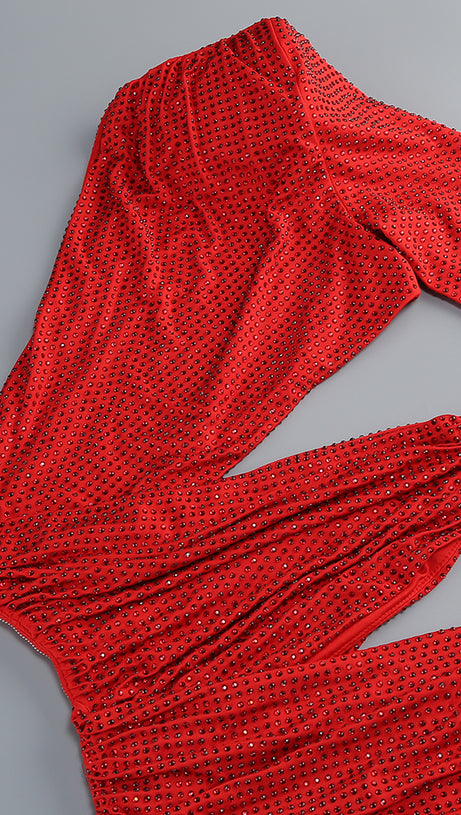 ONE-SHOULDER HOT DIAMOND HOLLOW IRREGULAR SLIT RED MAXI DRESS