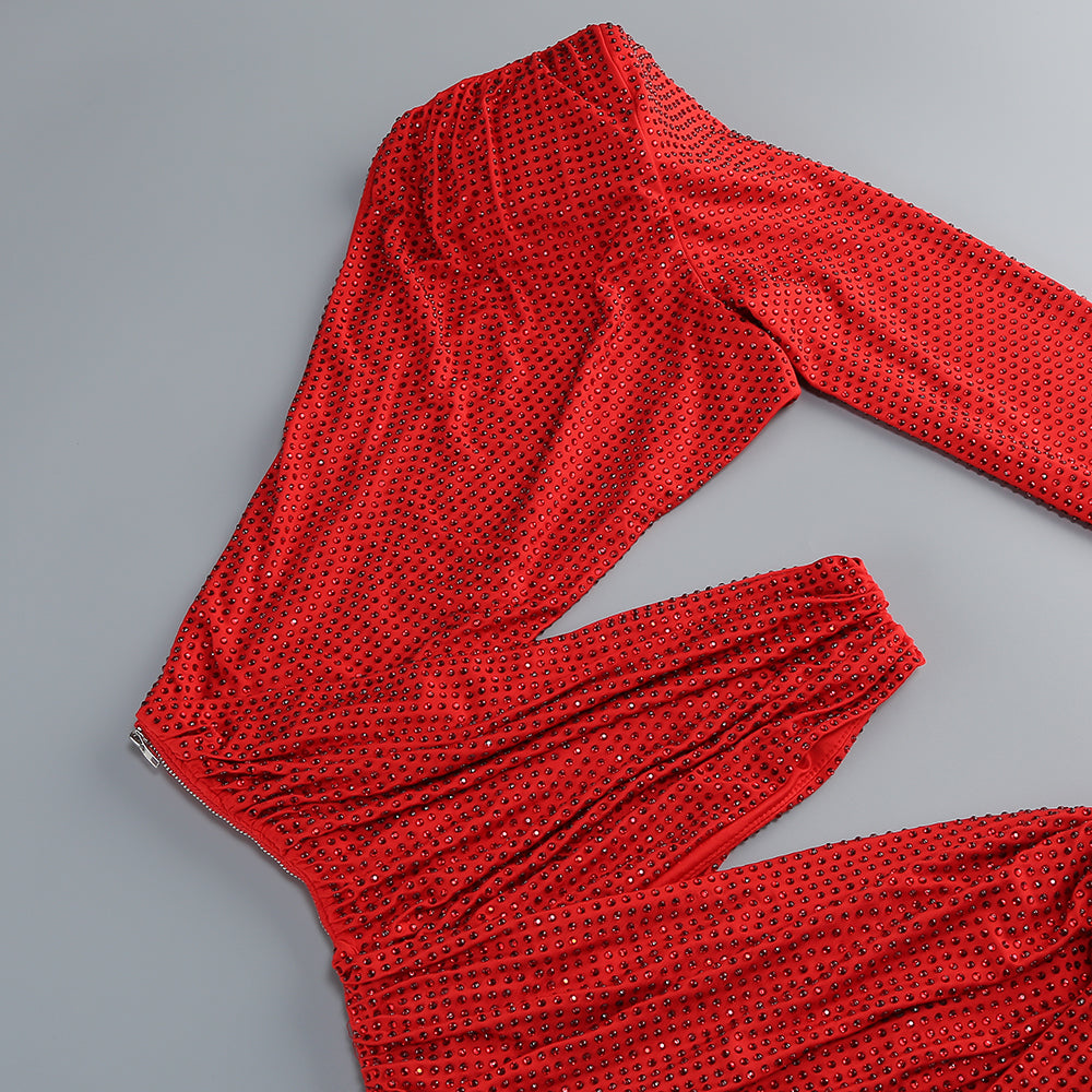 Rotes Maxikleid mit One-Shoulder-Ausschnitt, heißem Diamant-Hohlraum und unregelmäßigem Schlitz 