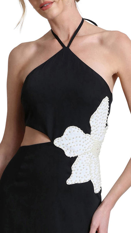 ATHENA FLORAL APPLIQUÉ CUTOUT HALTER MIDI DRESS IN BLACK