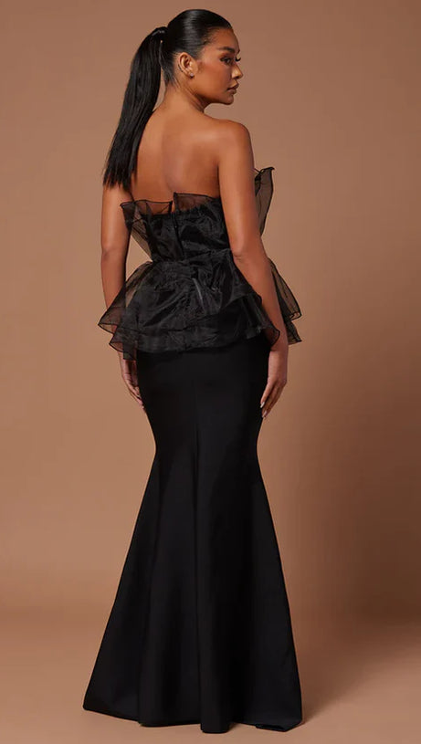 CEDRICA STRAPLESS MESH MAXI BANDAGE DRESS IN BLACK