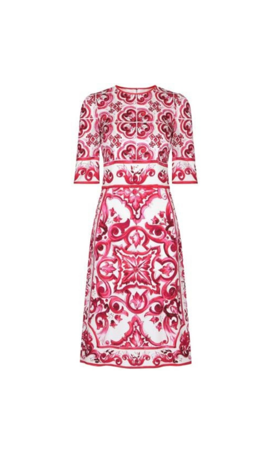 ROTES CHARMEUSE-MIDIKLEID MIT MAJOLIKA-PRINT