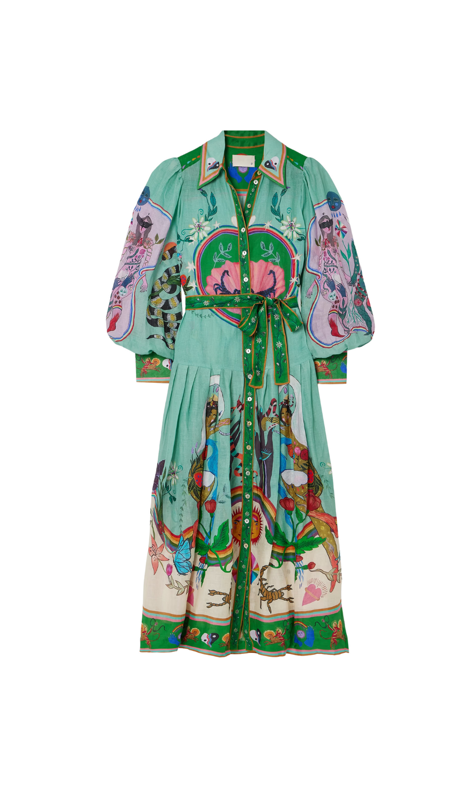 MAXI-HEMDKLEID AUS RAMIE MIT GÜRTEL UND DRUCK