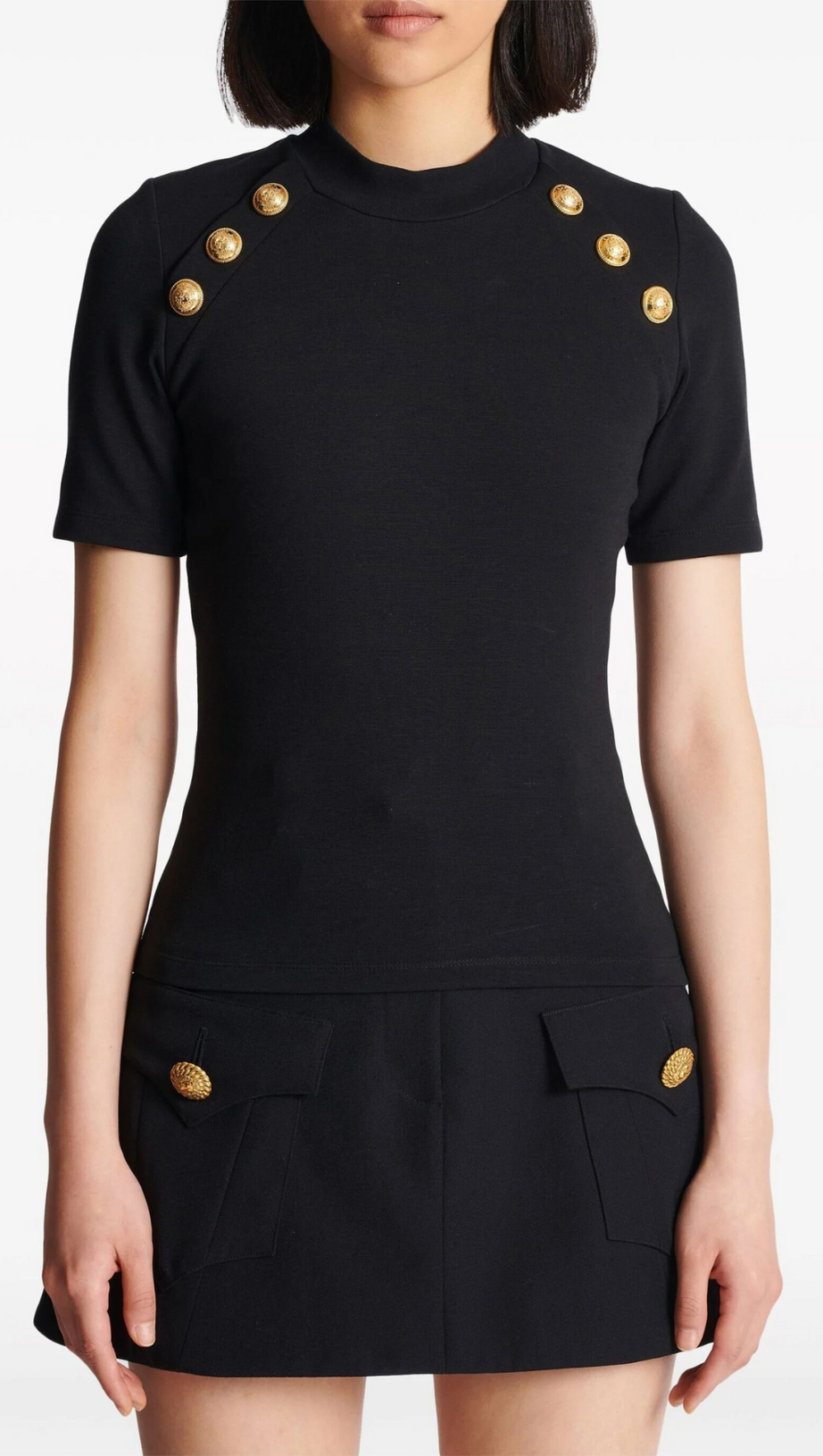 BLACK BUTTON-EMBELLISHED KNITTED T-SHIRT