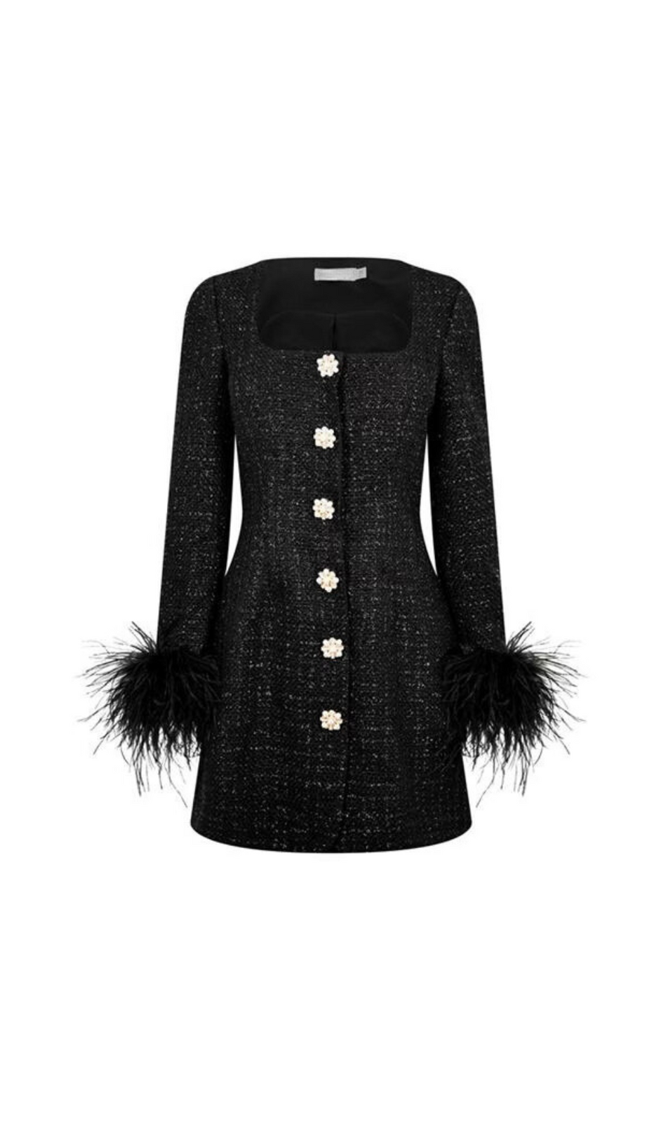 BLACK FEATHER-DETAILED BOUCLÉ MINI DRESS