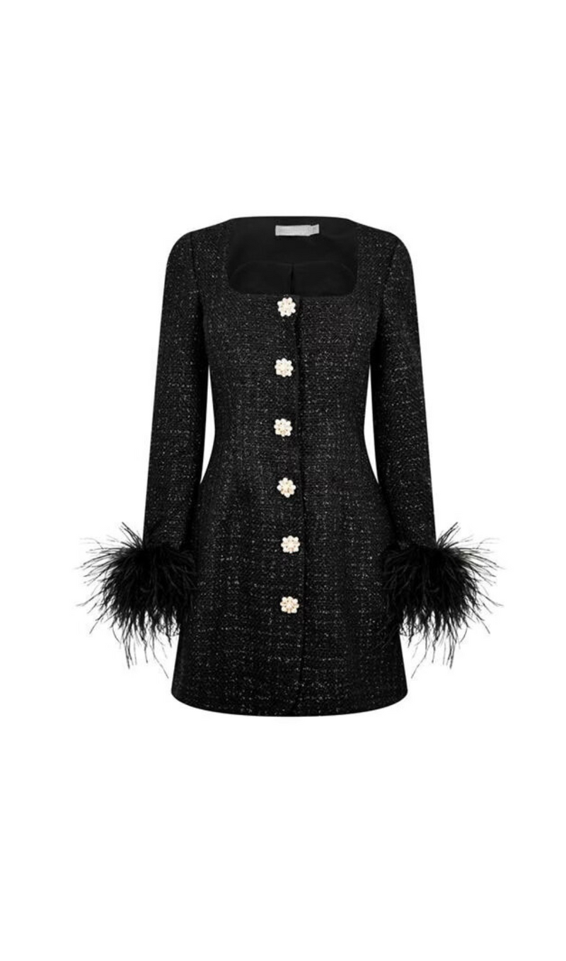 BLACK FEATHER-DETAILED BOUCLÉ MINI DRESS