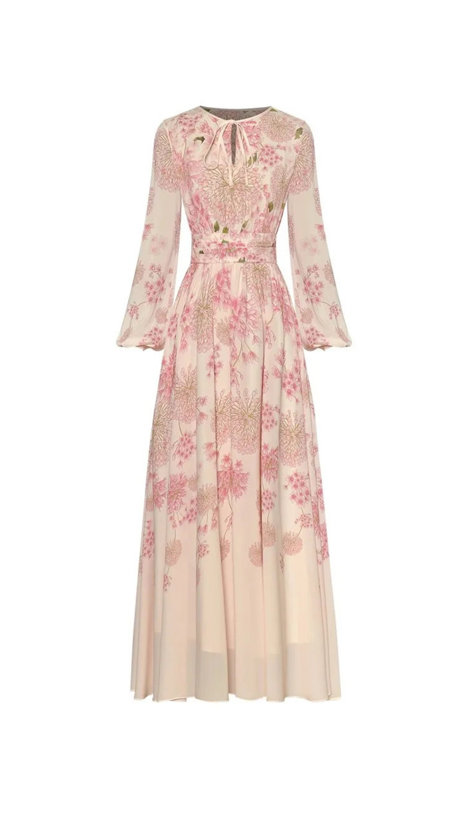 LACE-UP LANTERN SLEEVE FLOWERS PRINT MAXI DRESS