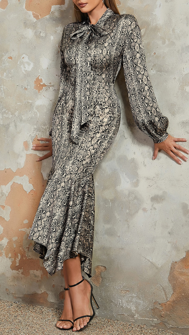 AIIZIE SNAKE PRINT LANTERN SLEEVE MERMAID HEM MAXI DRESS - product image