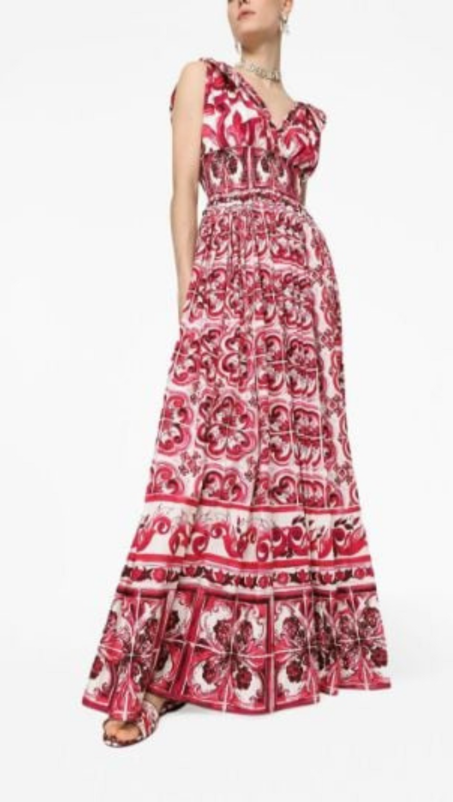 ABITO LUNGO SVASATO CON STAMPA MAIOLICA ROSSA