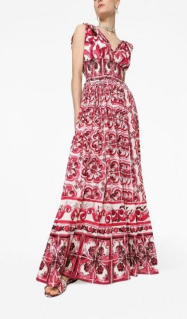 RED MAJOLICA PRINT FLARED MAXI DRESS