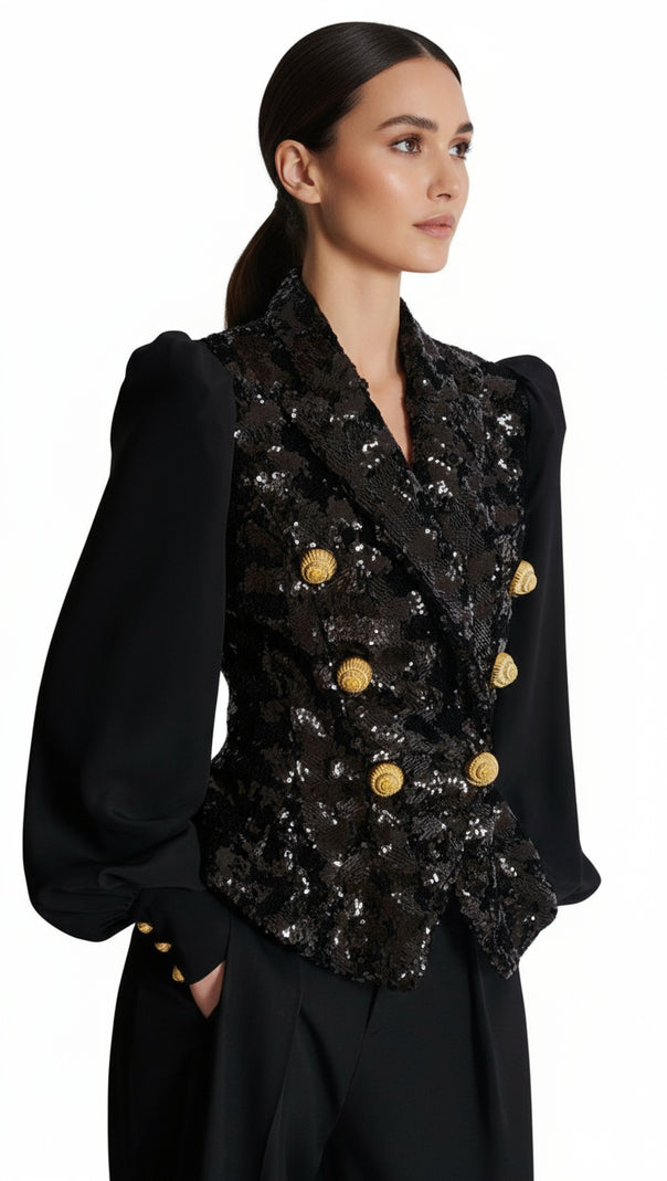 AIIZIE HEIRESS GLAMOROUS BLACK SEQUIN DOUBLE-BREASTED BLAZER JACKET - product image