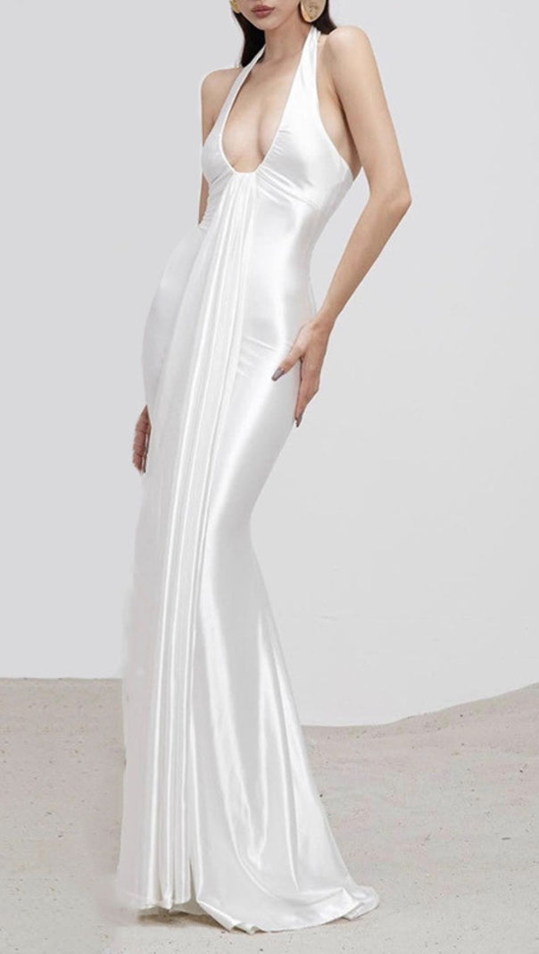 AIIZIE ISLA WHITE SATIN HALTER MAXI DRESS - ELEGANT EVENING & WEDDING GOWN - product image