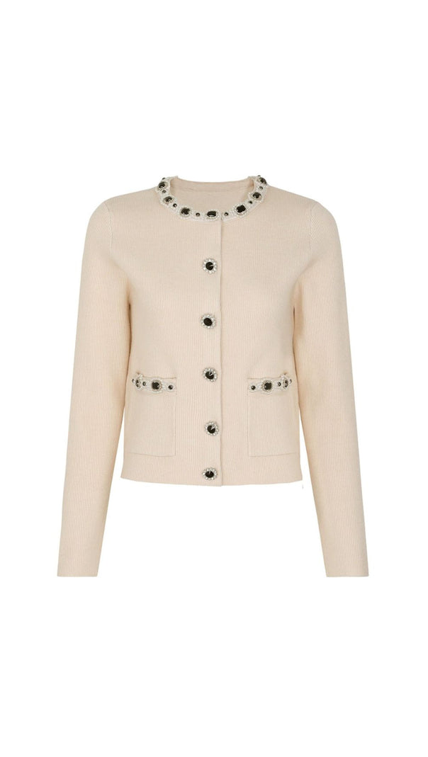 AIIZIE Jie Luxe Knit Embellished Cardigan & Flared Skirt Set - Effortless Apricot Chic - product image