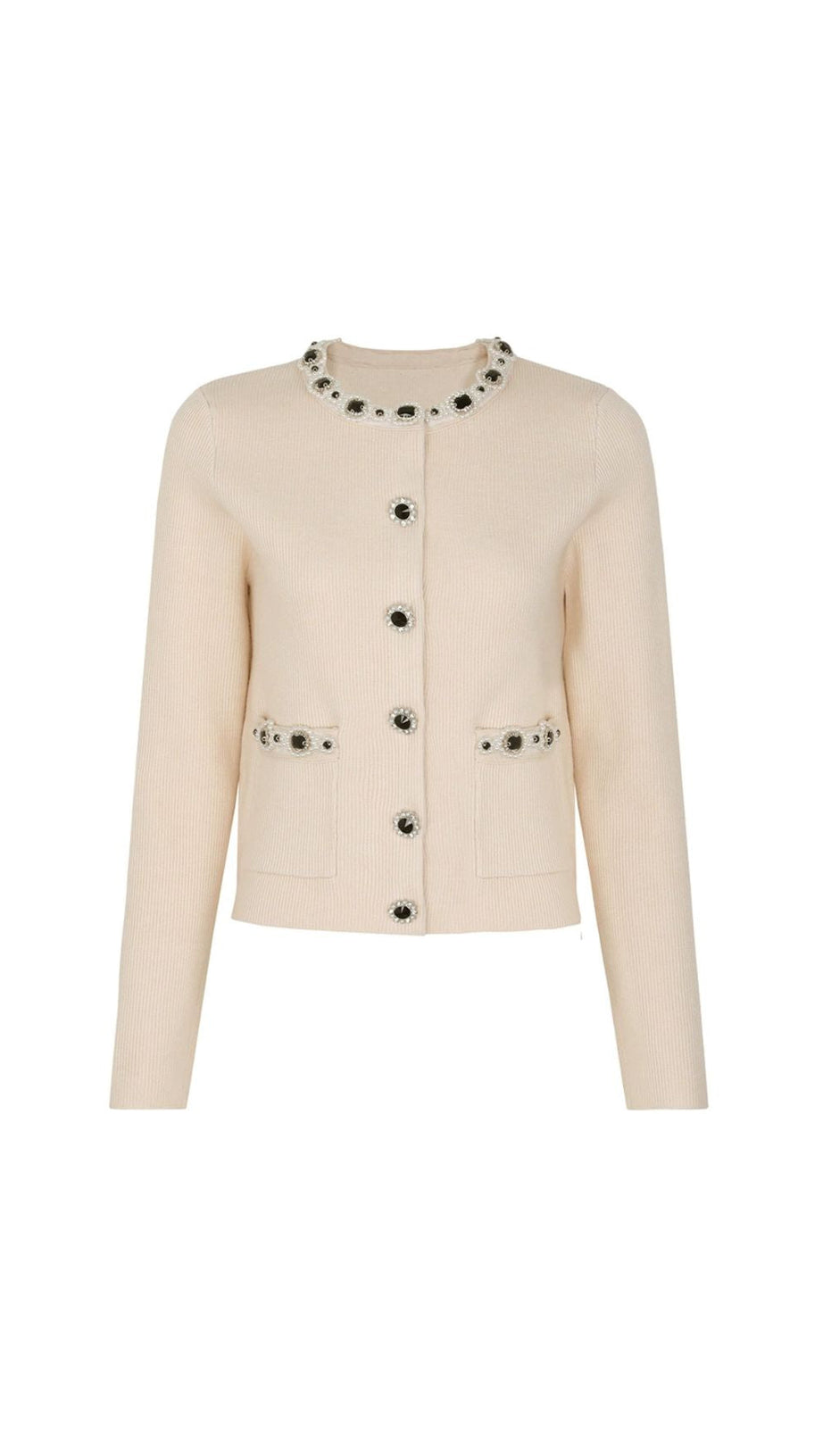 Jie Luxe Knit Embellished Cardigan & Flared Skirt Set - Effortless Apricot Chic