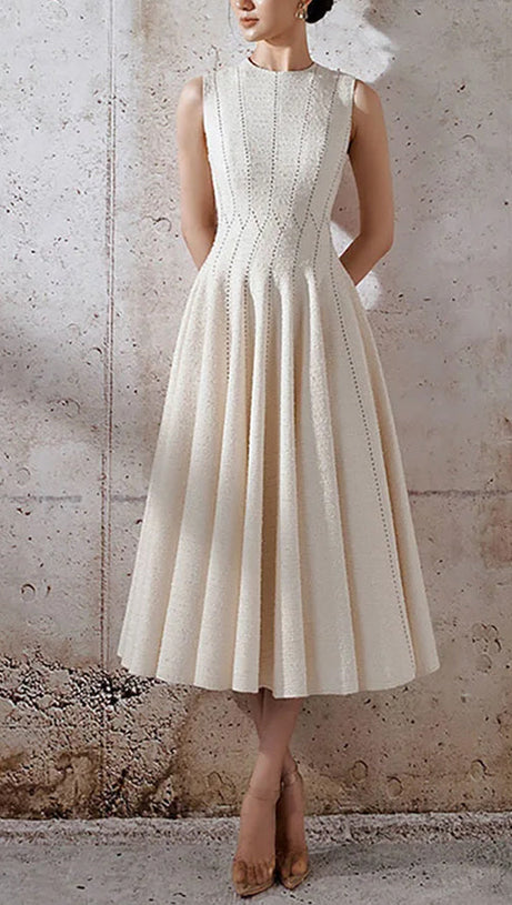 ASTRID SLEEVELESS PLEATED MIDI DRESS IN BEIGE