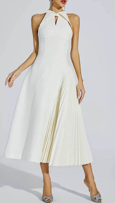 ASHLEY A-LINE PLEATED MIDI DRESS IN WHITE