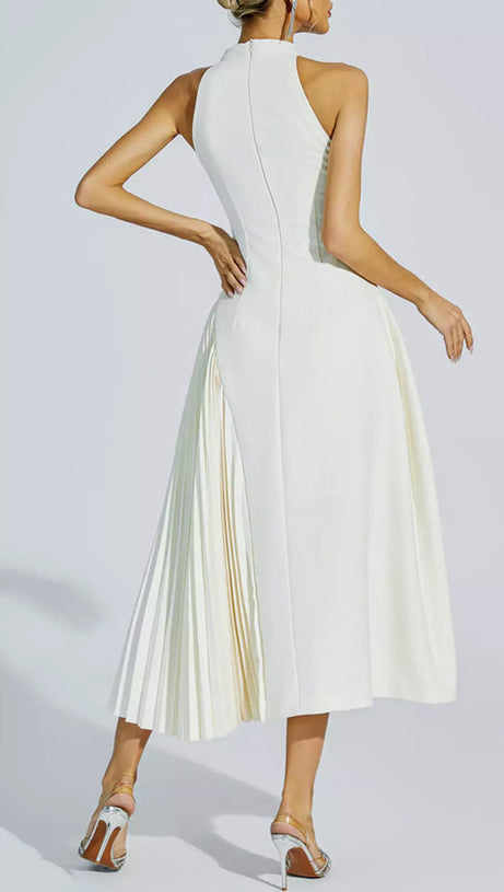 ASHLEY A-LINE PLEATED MIDI DRESS IN WHITE