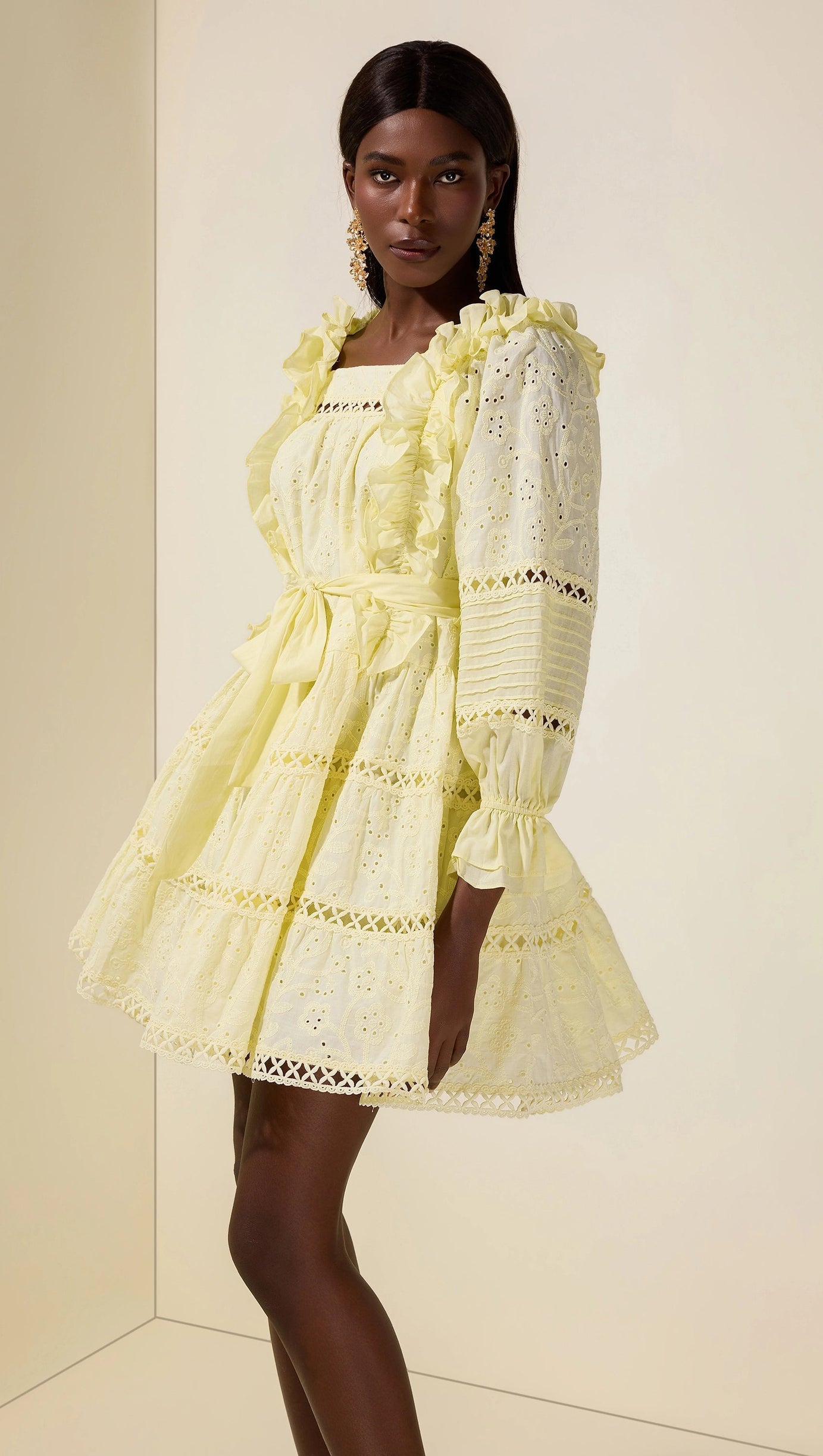 victoria Embroidered hollow Ruffle Mini Dress - yellow