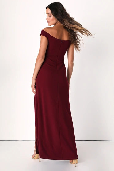 BEHOLD MY LOVE BURGUNDY OFF-THE-SHOULDER TWIST-FRONT MAXI DRESS