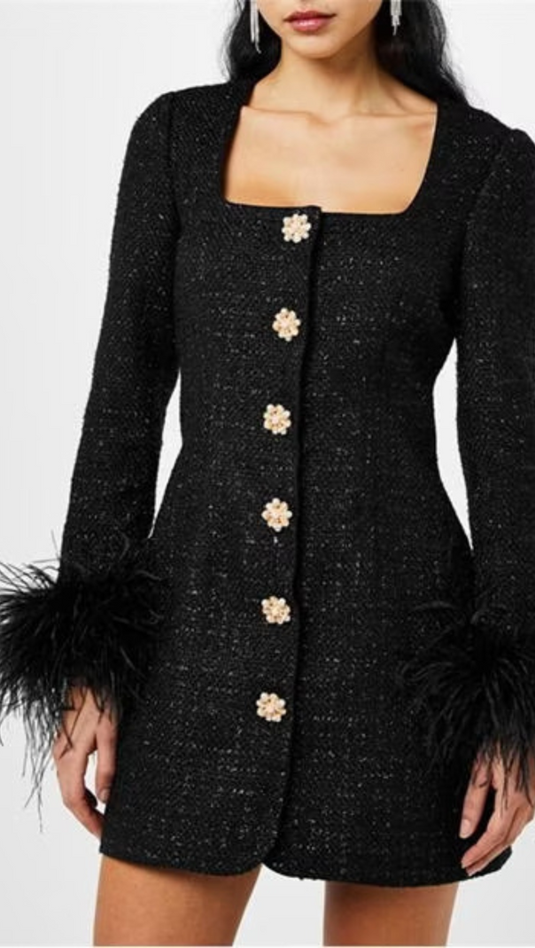 AIIZIE BLACK FEATHER-DETAILED BOUCLÉ MINI DRESS - product image