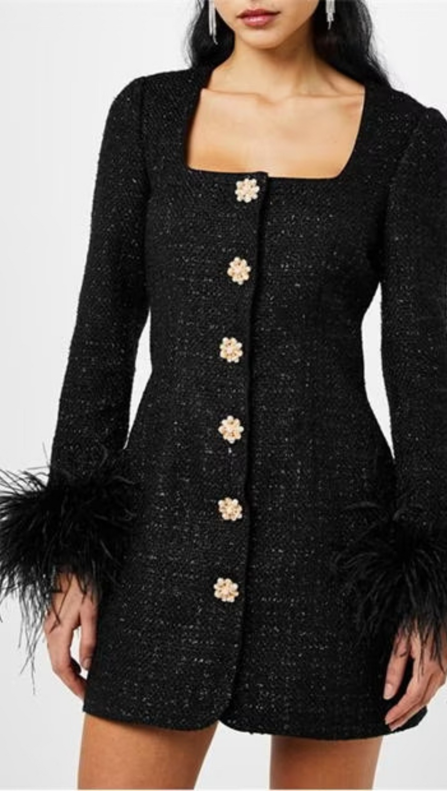 BLACK FEATHER-DETAILED BOUCLÉ MINI DRESS