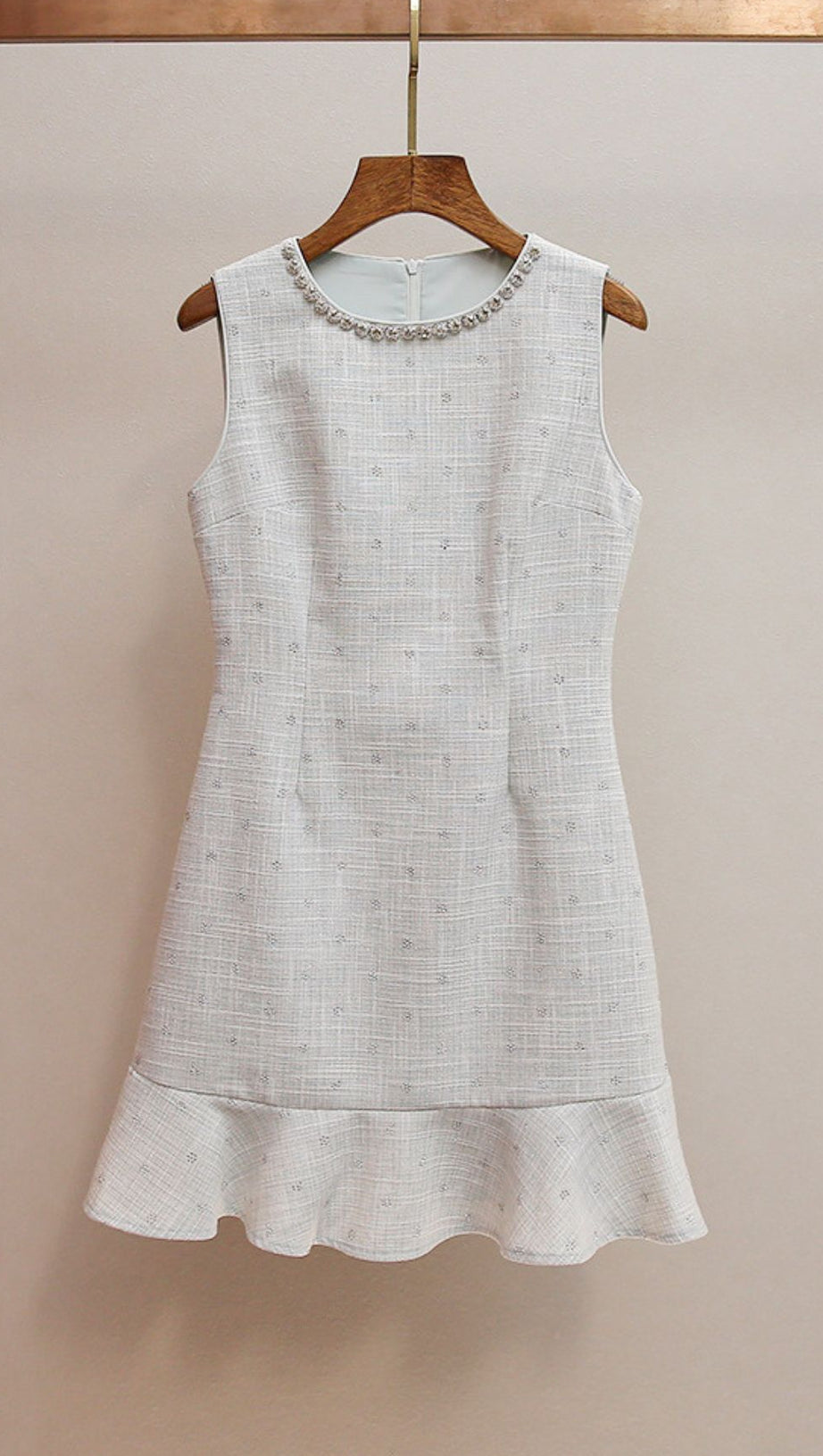 HATSUMI SPARKLE TWEED SLEEVELESS MINI DRESS | CRYSTAL EMBELLISHED NECKLINE & RUFFLE HEM