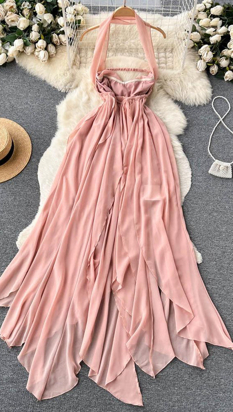 ELEGANTE ABITO LUNGO ROSA SENZA SPALLINE