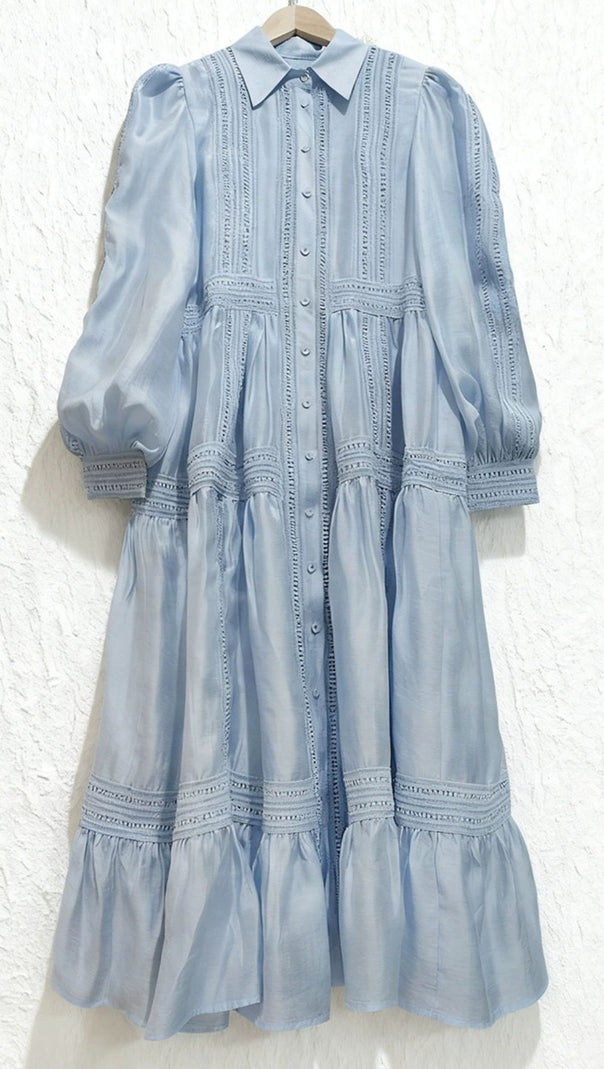 AIIZIE Izumi Sky Blue Lace Tiered Midi Shirtdress | Elegant Long Sleeve Dress for Women - product image