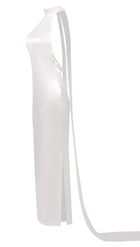MIGNON SATIN BELT BACKLESS PEARL EMBELLISHED MAXI DRESS IN WHITE
