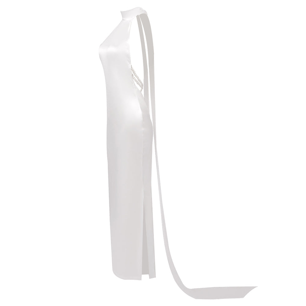 AIIZIE MIGNON SATIN BELT BACKLESS PEARL EMBELLISHED MAXI DRESS IN WHITE - product image