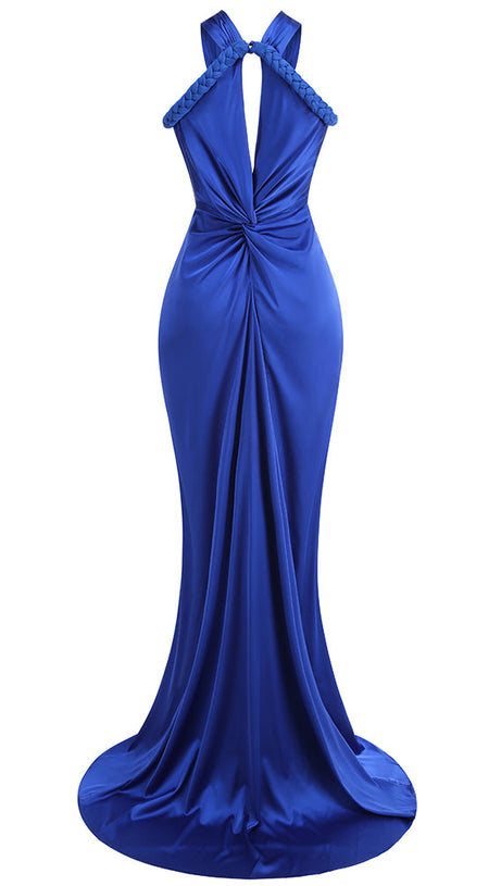 BEVERLY BRAID EMBELLISHED RUCHED HALTER GOWN IN BLUE