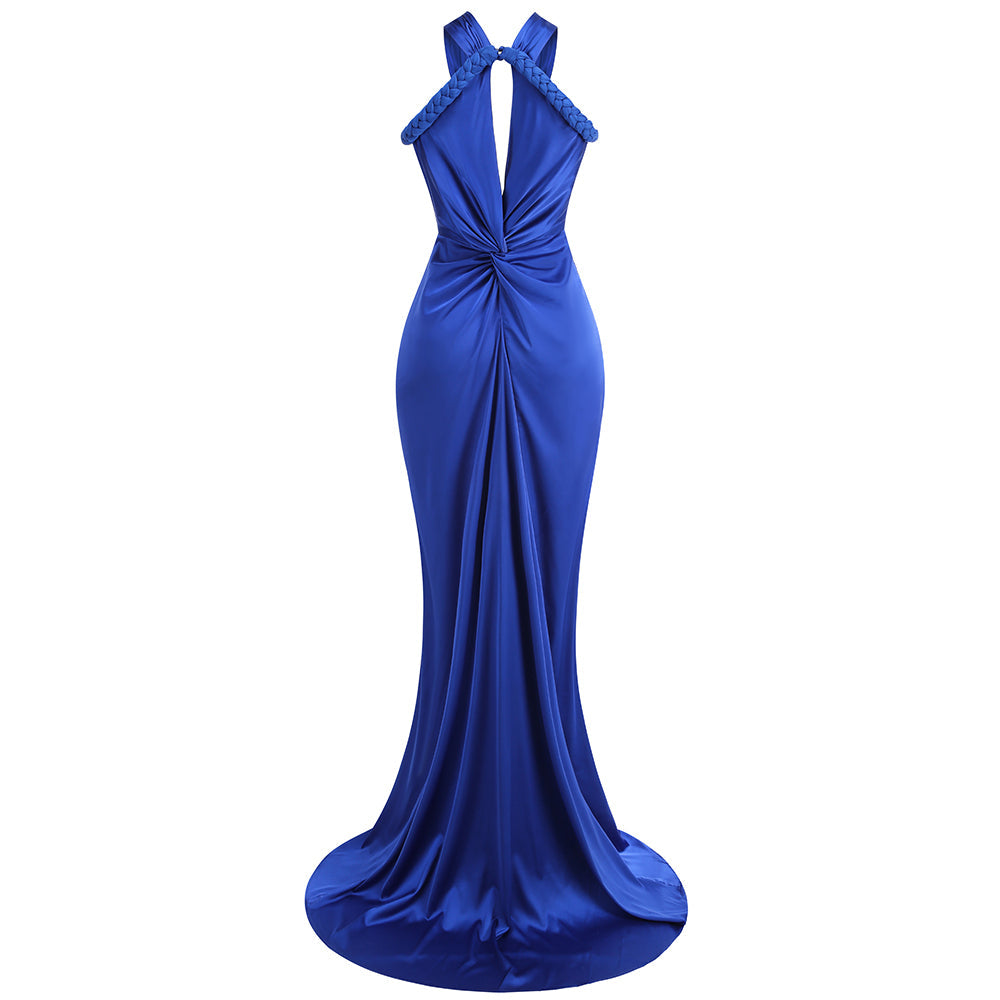 AIIZIE BEVERLY BRAID EMBELLISHED RUCHED HALTER GOWN IN BLUE - product image