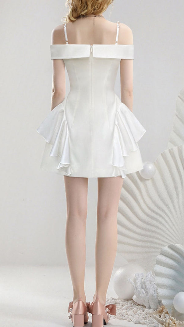 AIIZIE Jayleen White Ruffle Mini Dress | Chic Off-Shoulder with Pearl Straps for Bridal & Parties - product image