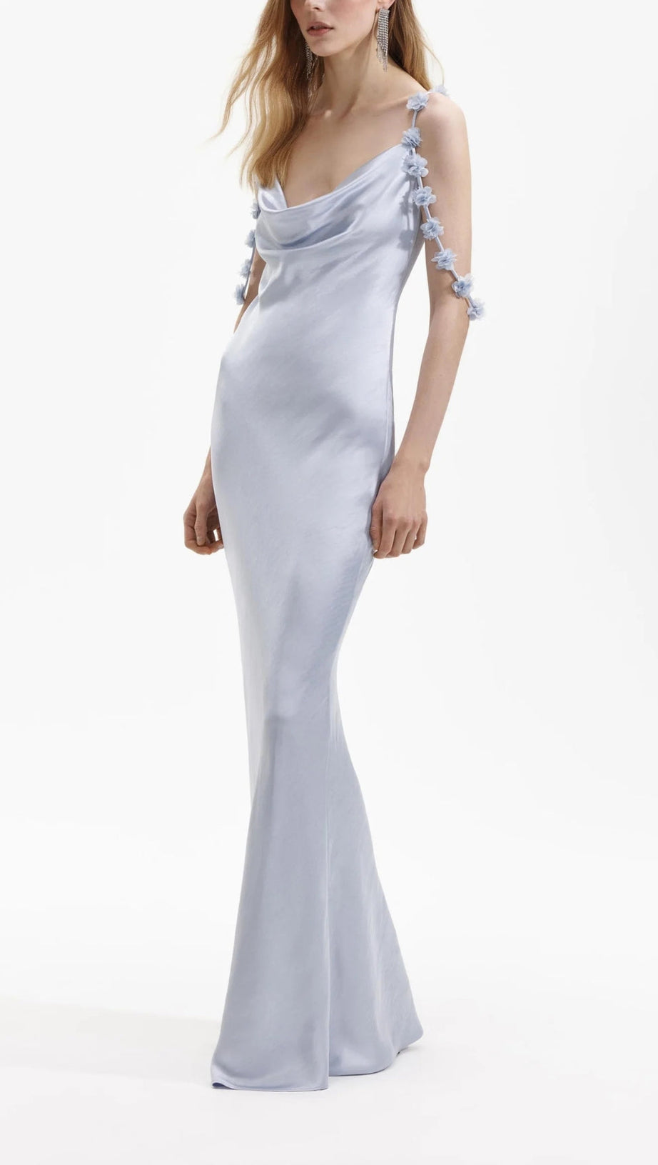BLUE SATIN FLOWER MAXI DRESS
