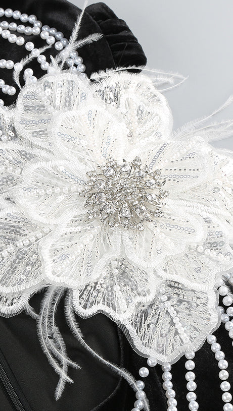 ONE-SHOULDER LONG SLEEVE FLOWER MAXI DRESS BLACK