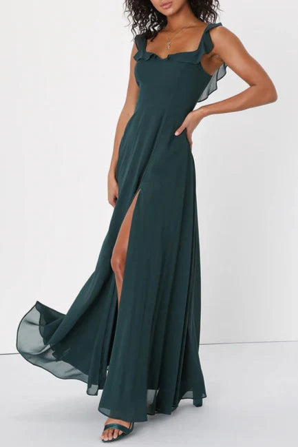 DREAMY ADMIRATION EMERALD GREEN RUFFLED MAXI DRESS