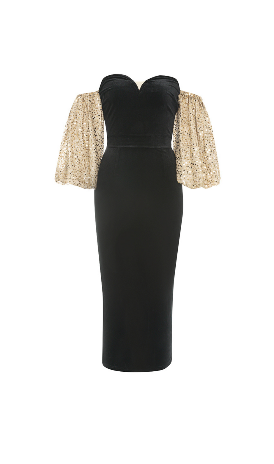 BANDEAU-MIDIKLEID MIT RÜCKENFREIEM BALLONÄRMELN UND GESPLITTETEM KLEID