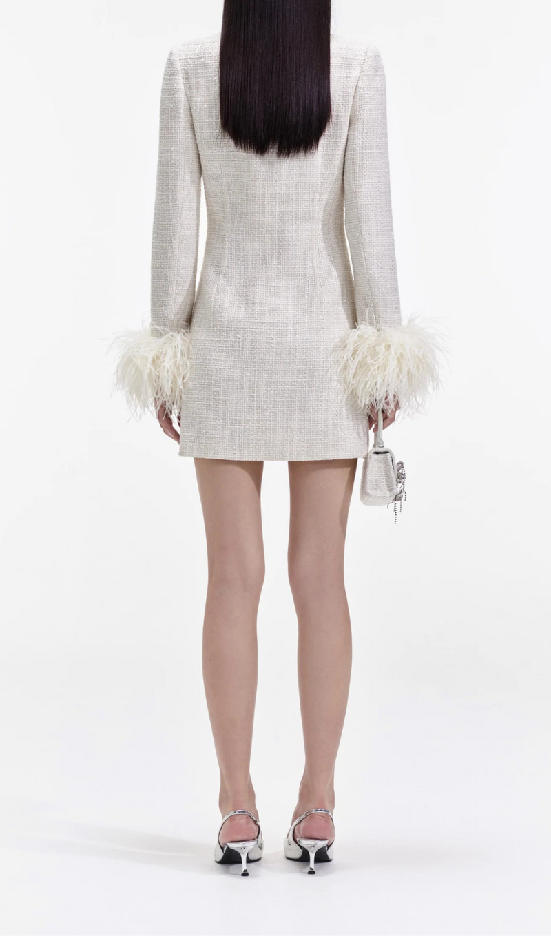 CREAM BOUCLE FEATHER MINI DRESS