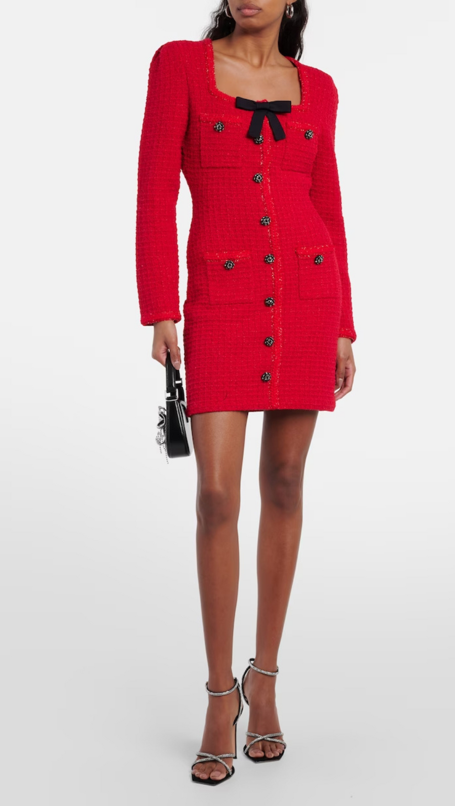 RED KNIT BOW ROUND NECK MINI DRESS