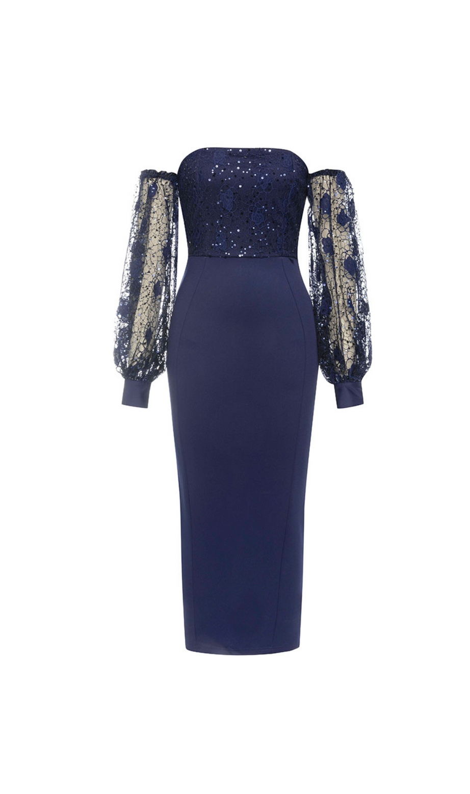 ABITO MIDI A MANICHE LUNGHE CON PAILLETTES BLU NAVY
