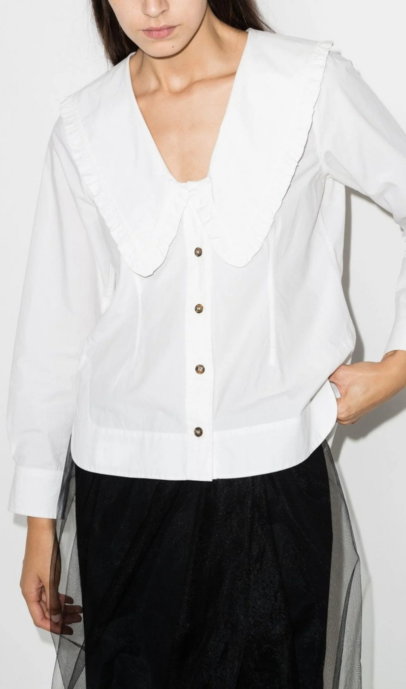 WHITE OVERSIZED COLLAR COTTON BLOUSE